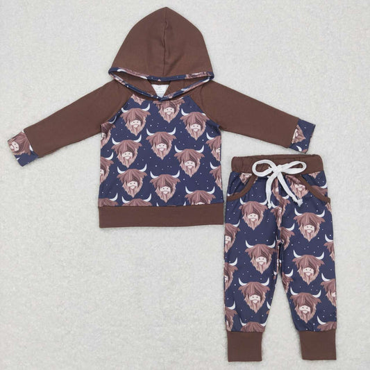 BLP0365 Brown Highland Cow Boys Long Sleeve Hoodies Outfits