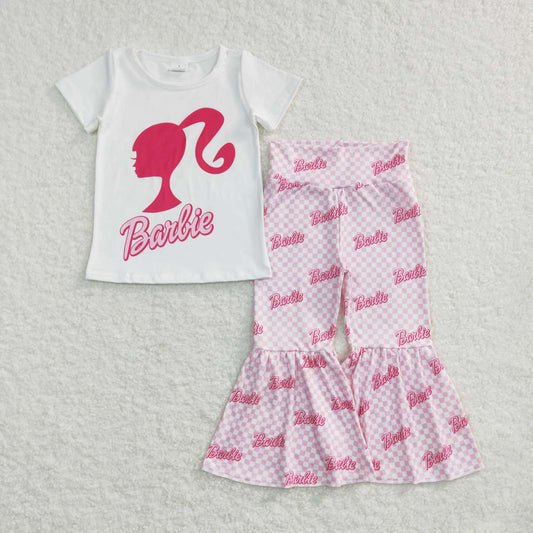 GSPO0876 Pink B Cartoon Girls Short Sleeve Bell Bottom Pants Outfits