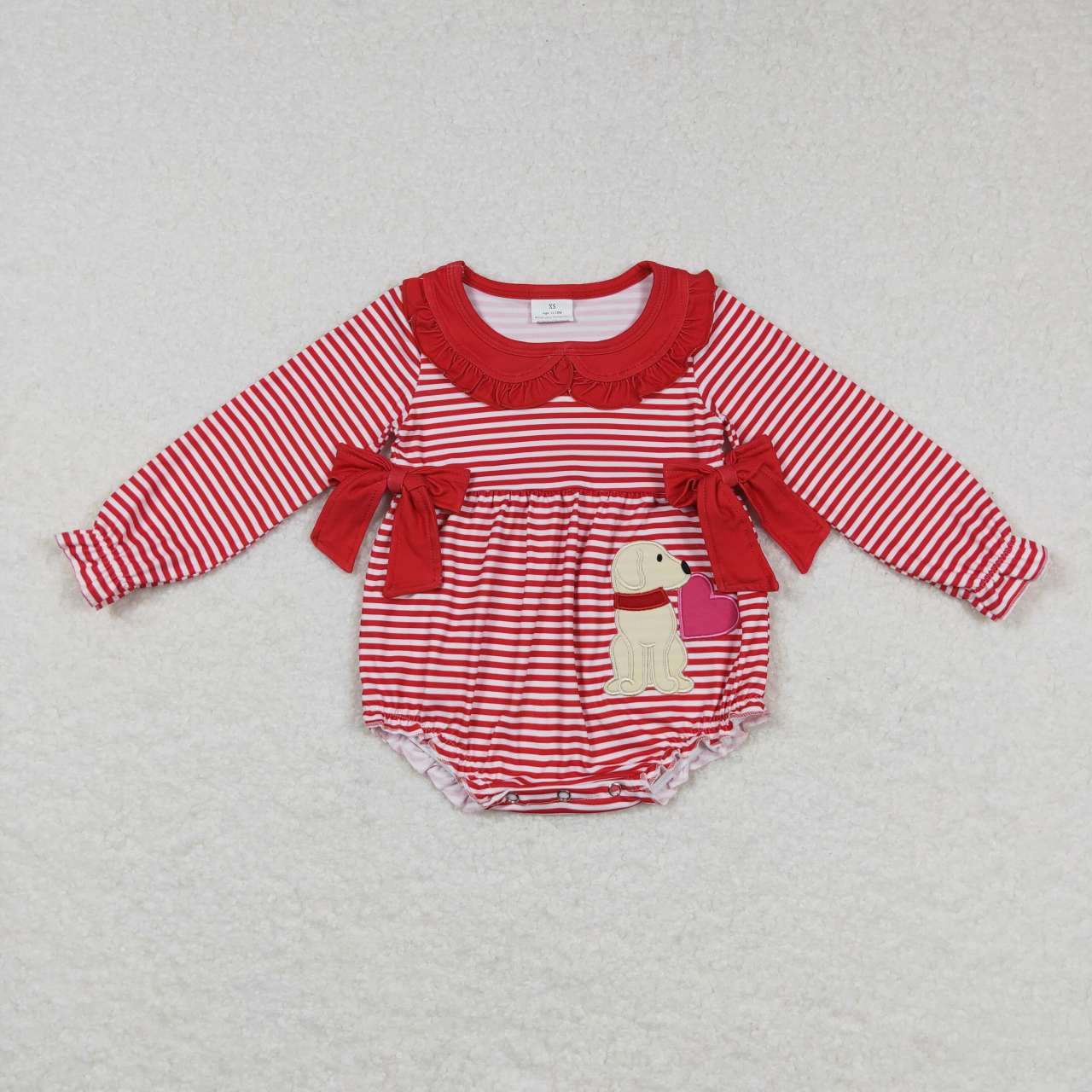 LR0763 Valentine Love Red Dog Embroidery Girls Long Sleeve Romper