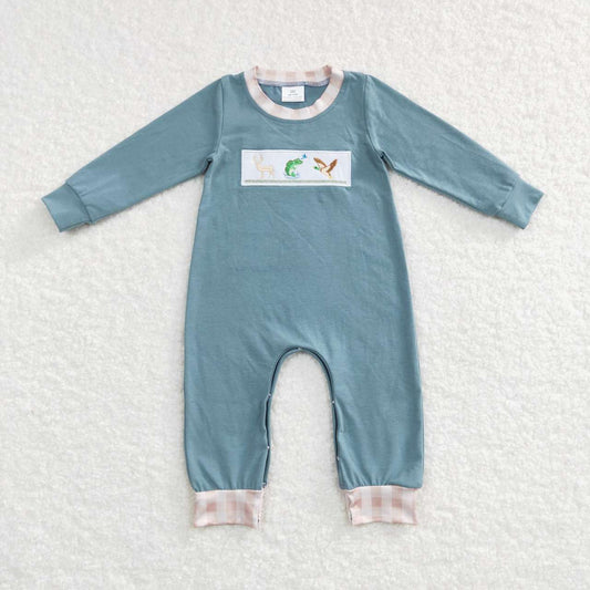 LR0728 Blue Deer Fish Bird Embroidery Boys Long Sleeve Romper