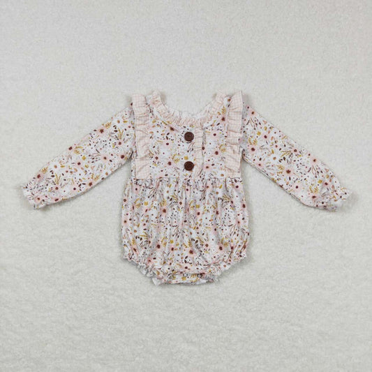 LR0769    Pink Floral  Girls Long Sleeve Romper RTS Free Shipping Over $100