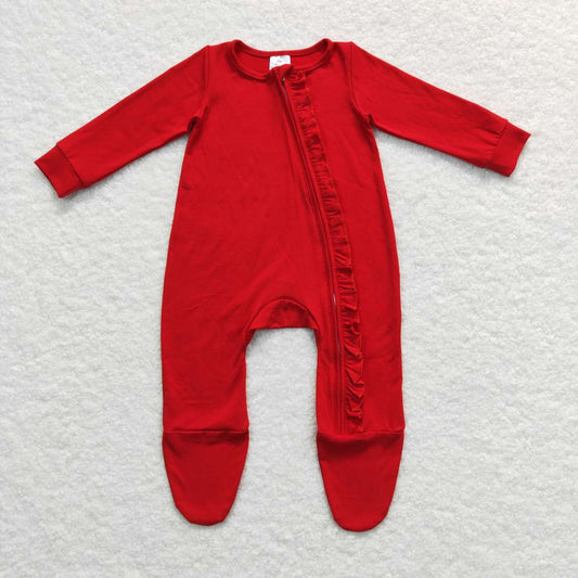 LR0550 Christmas Red Zipper Girls Long Sleeve Romper