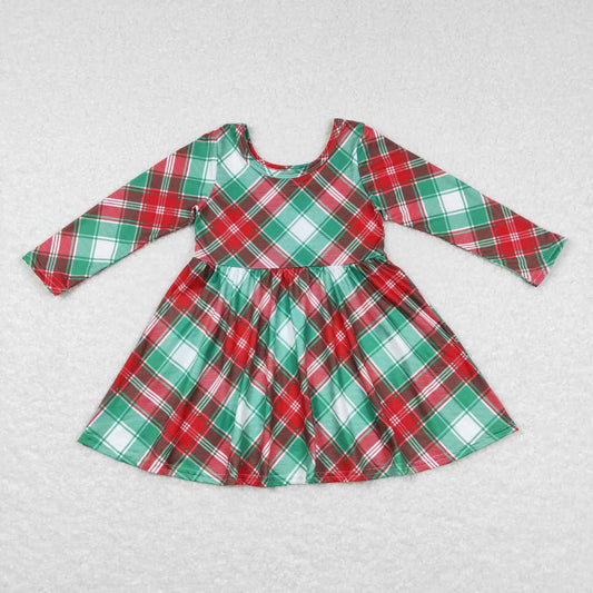 GLD0462 Christmas Green Red Plaid Girls Long Sleeve Dresses