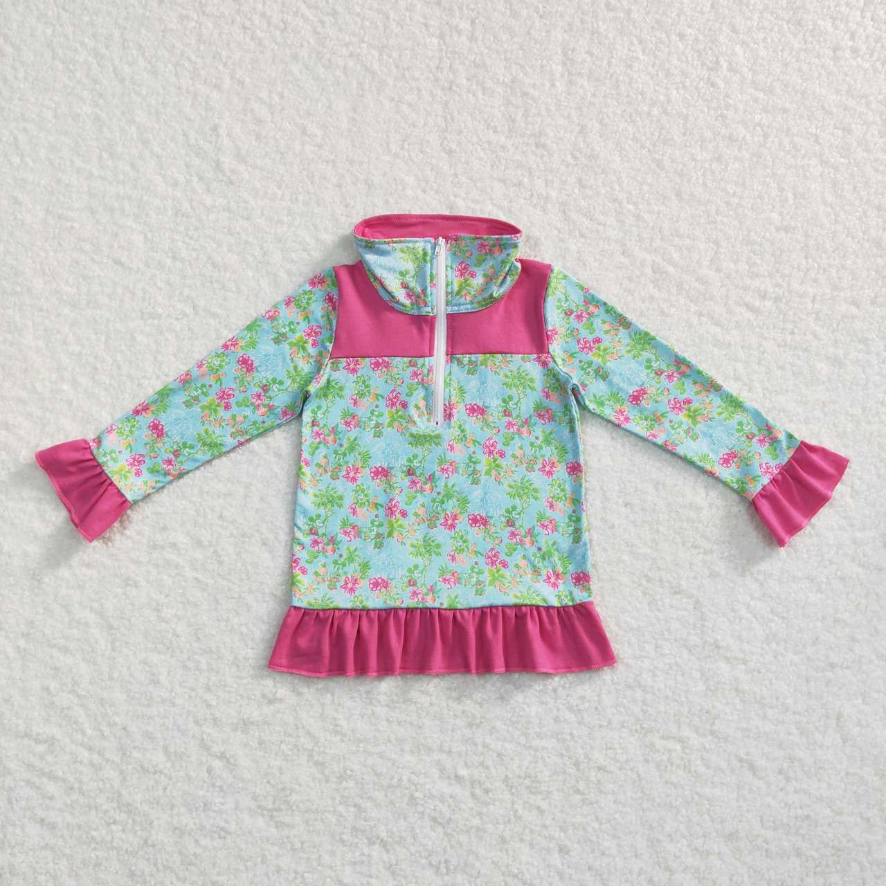 GT0299 Pink Green Floral Winter Girls Long Sleeve Top Collar T-Shirts