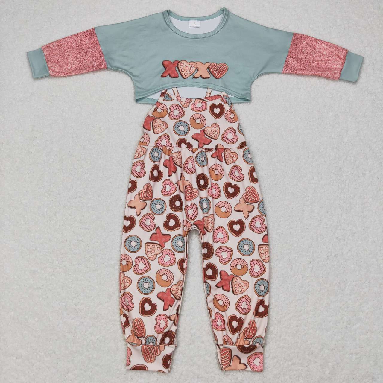 GLP0899 Valentine Pink Love Jumpsuit Overall Girls Long Sleeve Bell Bottom Pants Outfits