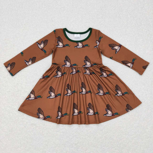 GLD0405 Green Brown Duck Bird Girls Long Sleeve Dresses