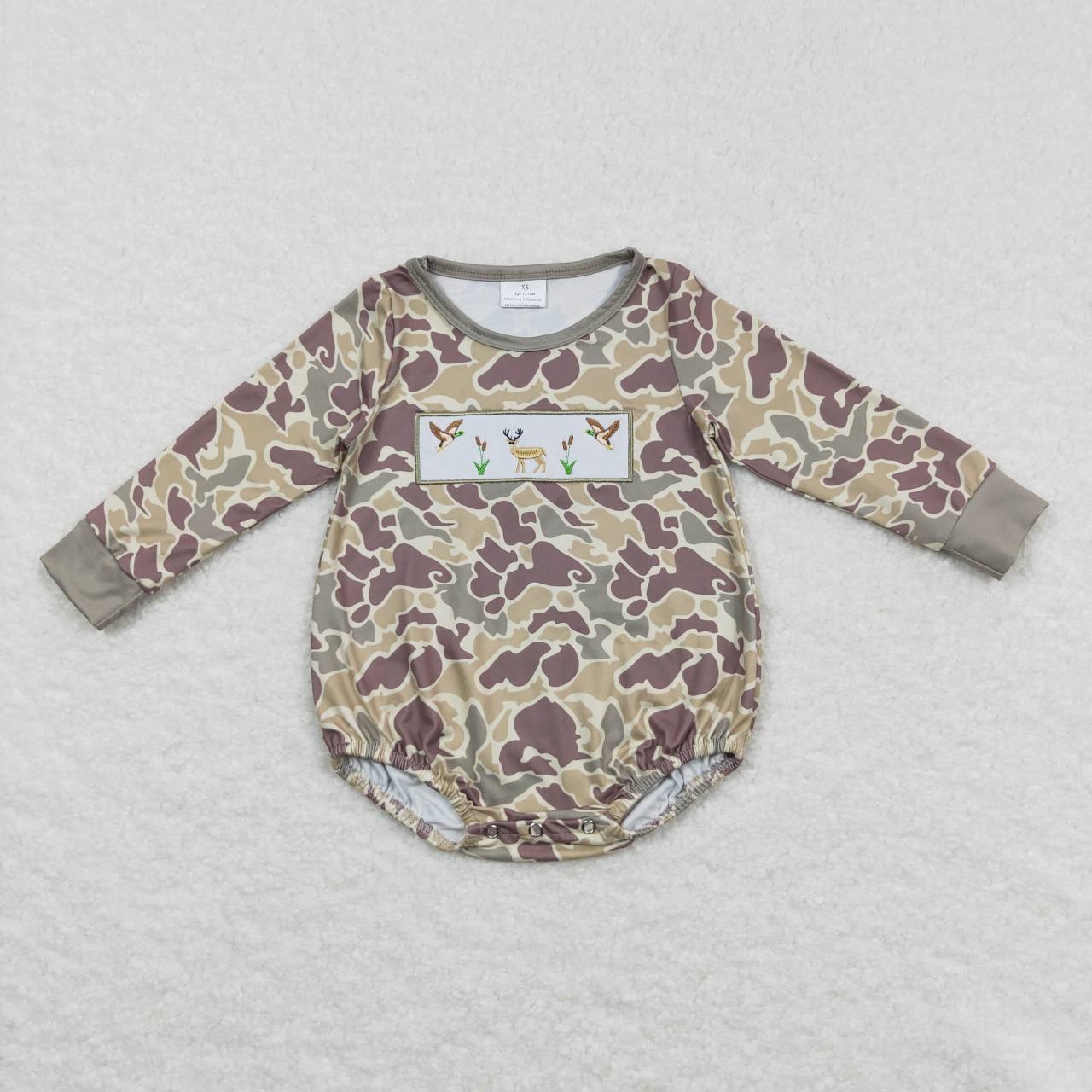 LR0714 Green Camo Deer Bird Embroidery Girls Long Sleeve Romper