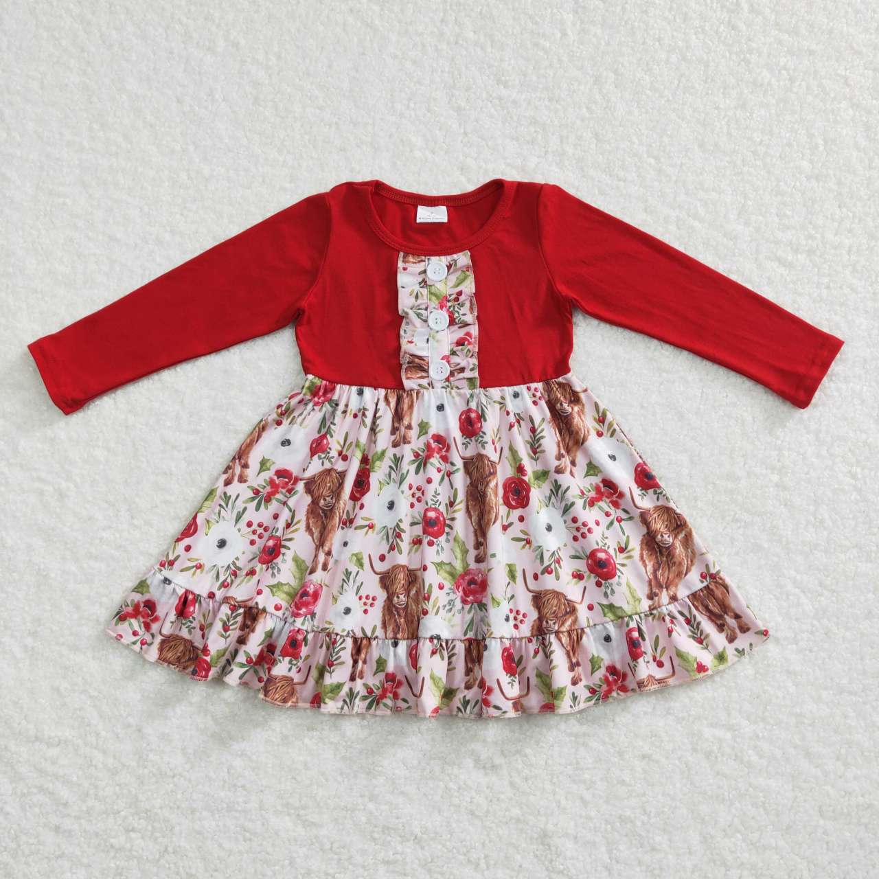 GLD0322 Red Highland Cow Floral Girls Long Sleeve Dresses