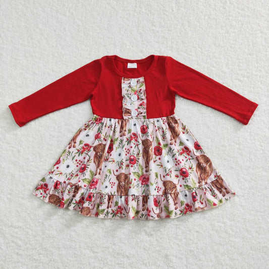 GLD0322 Red Highland Cow Floral Girls Long Sleeve Dresses
