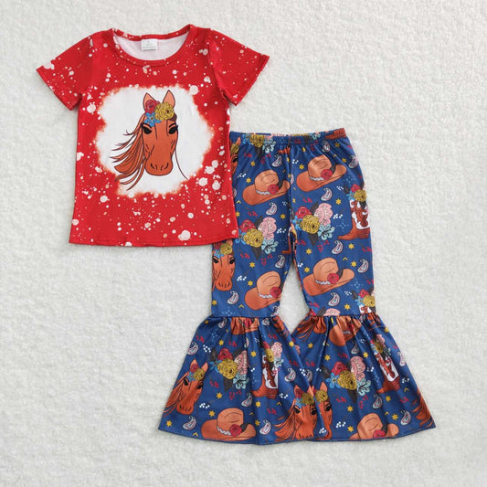 GSPO0869 Red Bleach Horse Girls Short Sleeve Bell Bottom Pants Outfits