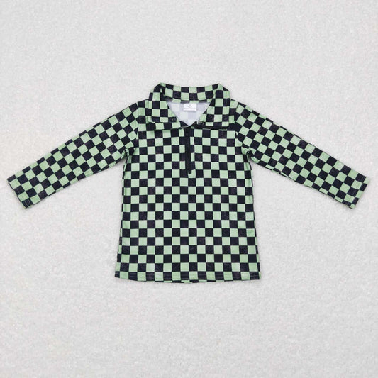 BT0399 Green Plaid Boys Long Sleeve Top Collar Polo Pullover T-Shirts