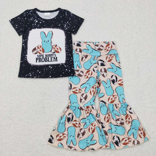 GSPO0942 Easter Blue Rabbit Girls Short Sleeve Bell Bottom Pants Outfits