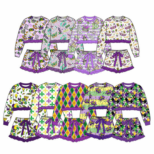 Preorder MOQ 5 pcs Each Style Mardi Gras Ruffles Girls Shorts Set Kids Matching Clothes 202609