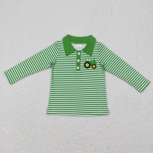 BT0405 Green Farm Truck Embroidery Boys Long Sleeve Top Collar Polo Pullover T-Shirts