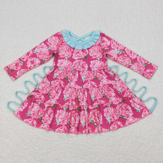 GLD0407 Pink Floral Blue Belt Girls Long Sleeve Dresses
