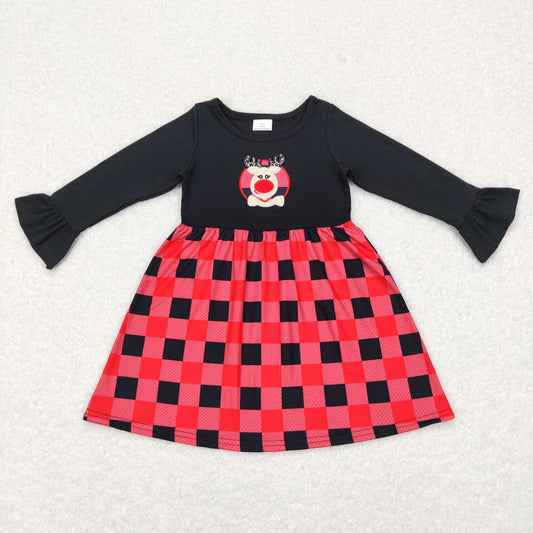 GLD0423 Christmas Red Plaid Deer Embroidery Girls Long Sleeve Dresses