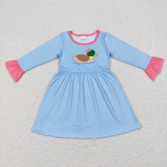 GLD0426 Pink Blue Duck Embroidery Girls Long Sleeve Dresses