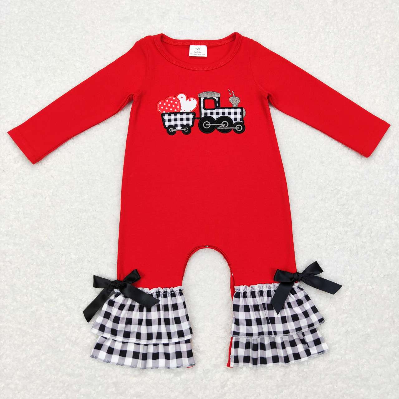 LR0780 Valentine Love Red Plaid Embroidery Girls Long Sleeve Romper