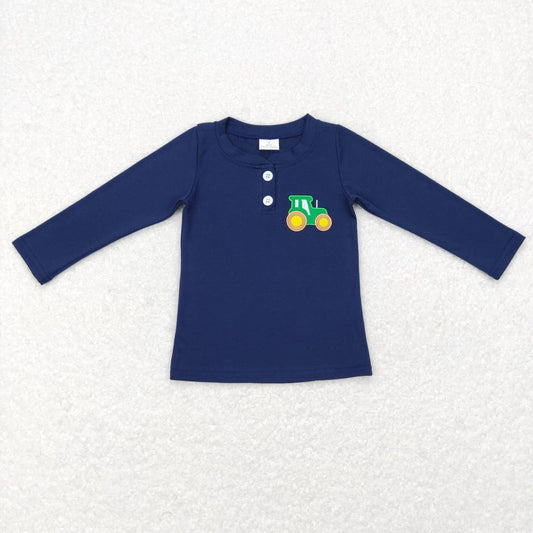 GT0355 Blue Green Farm Truck Embroidery Girls Long Sleeve Top T-shirts