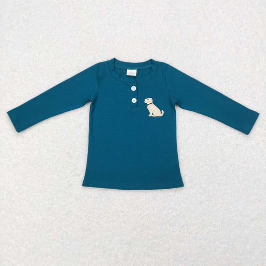 GT0354 Blue Dog Embroidery Girls Long Sleeve Top T-shirts