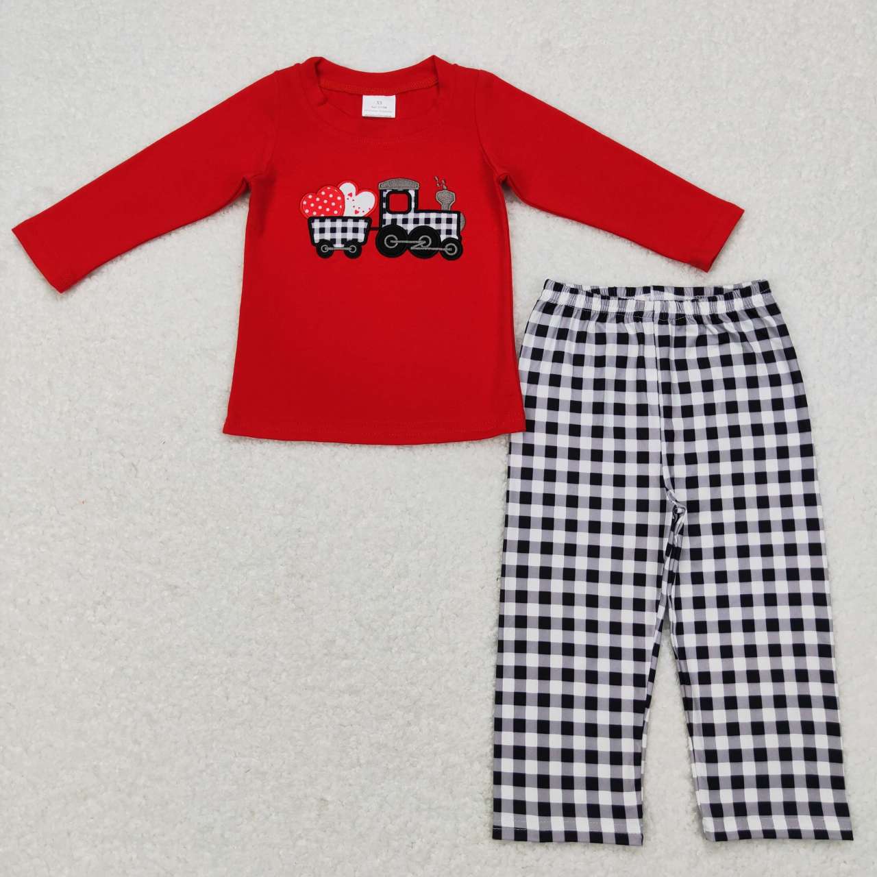 BLP0403 Valentine Love Red Plaid Embroidery Boys Long Sleeve Pants Outfits