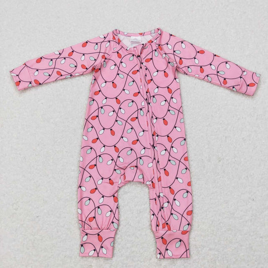 LR0757 Christmas Pink Zipper Girls Long Sleeve Romper
