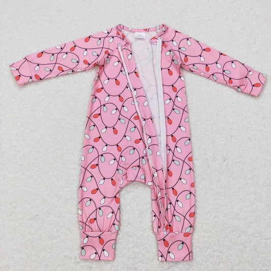 LR0757 Christmas Pink Zipper Girls Long Sleeve Romper