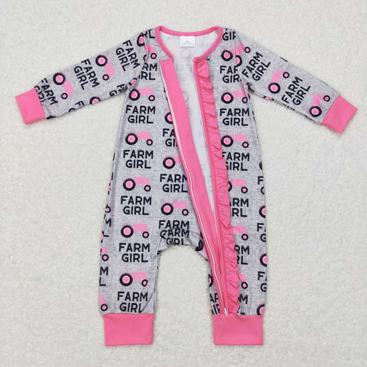LR0687 Pink Farm girl Truck Zipper Girls Long Sleeve Romper