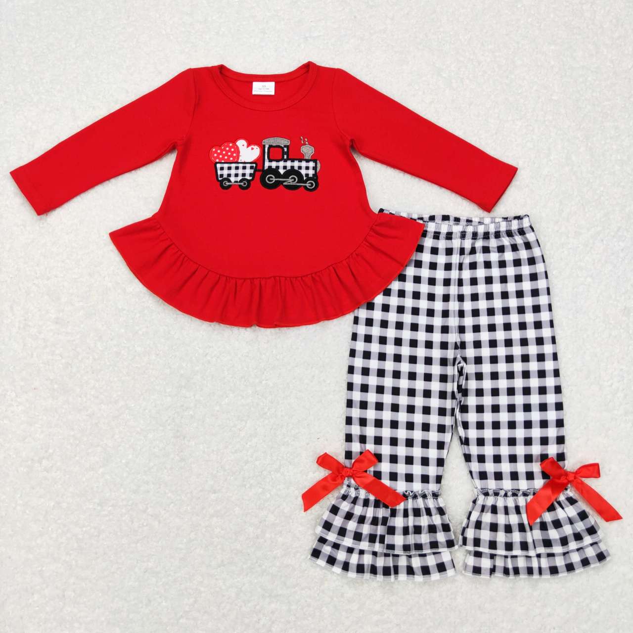 GLP0908 Valentine Love Red Plaid Embroidery Girls Long Sleeve Pants Outfits