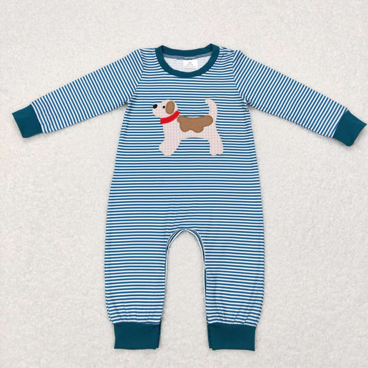 LR0727  Blue Dog Embroidery  Boys Long Sleeve Romper RTS Free Shipping Over $100