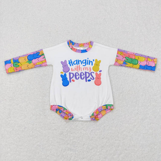 LR0792 Easter Rabbit Hangin With my peeps Pink Girls Long Sleeve Romper