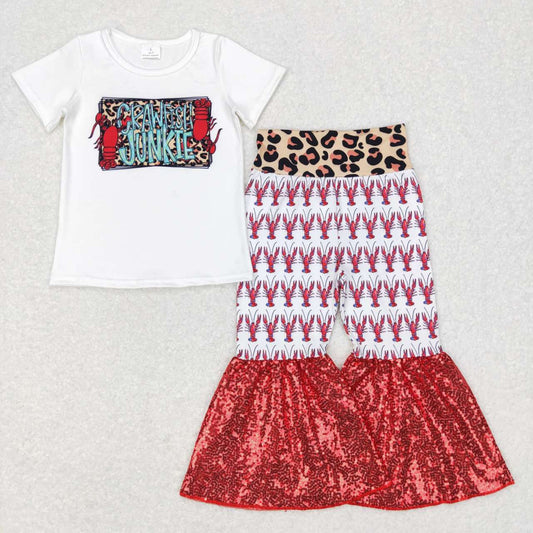 GSPO0938 Red Crawfish Junkie Sequin Girls Short Sleeve Bell Bottom Pants Outfits