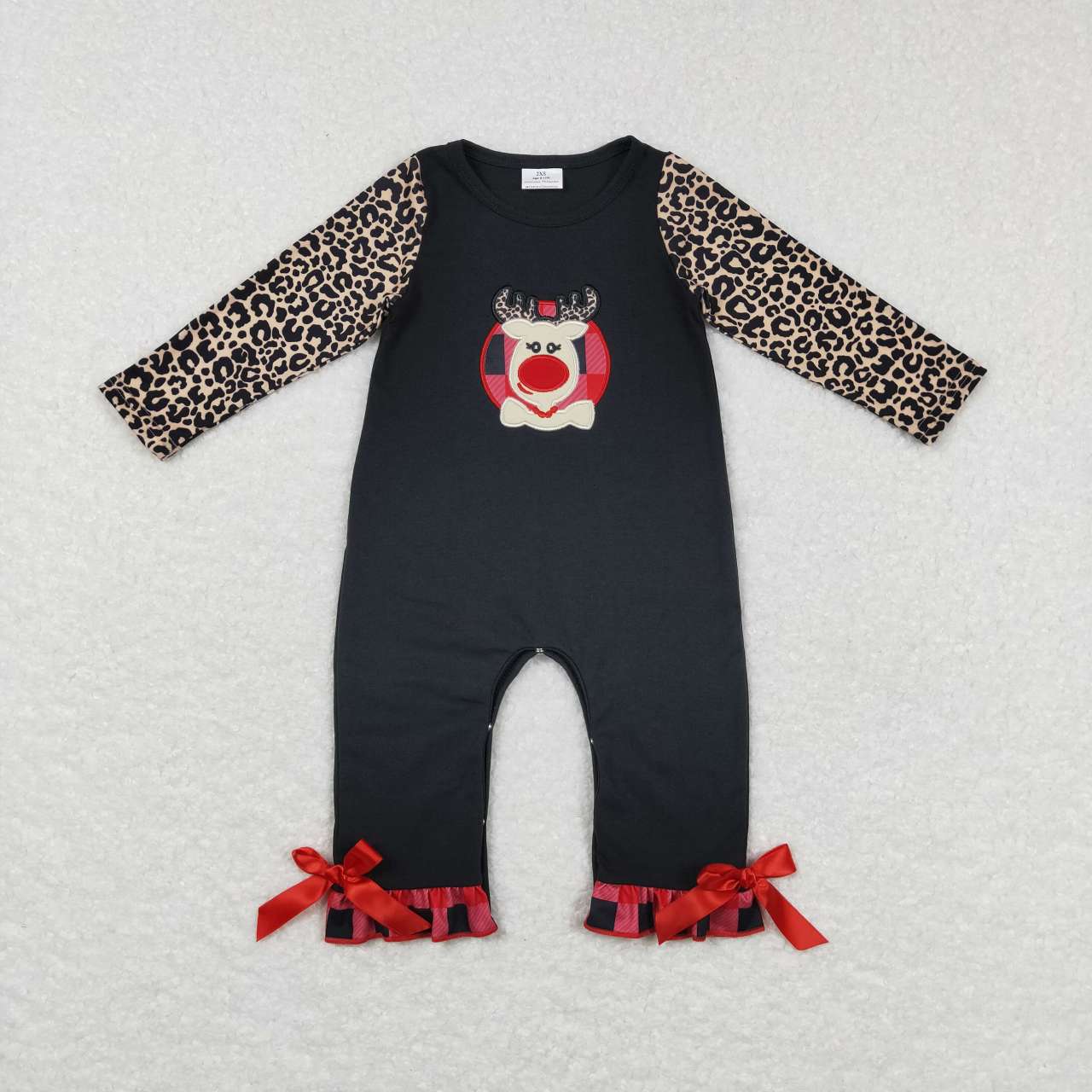 LR0730 Christmas Black red deer leopard Embroidery Boys Long Sleeve Romper