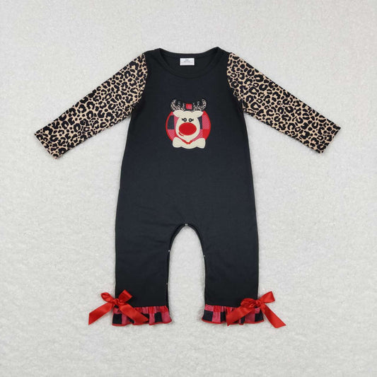 LR0730 Christmas Black red deer leopard Embroidery Boys Long Sleeve Romper