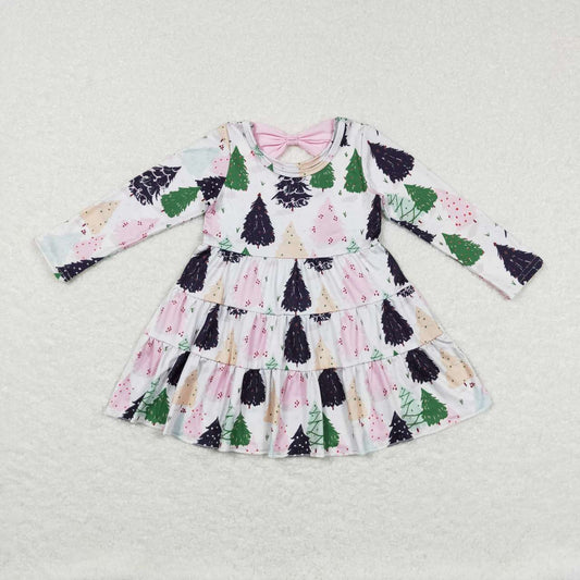 GLD0468 Christmas Pink Green Tree Ruffles Girls Long Sleeve Dresses