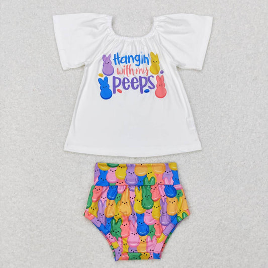 GBO0195 Easter rabbit hangin with my peeps Blue Girls Long Sleeve Bummies Outfits