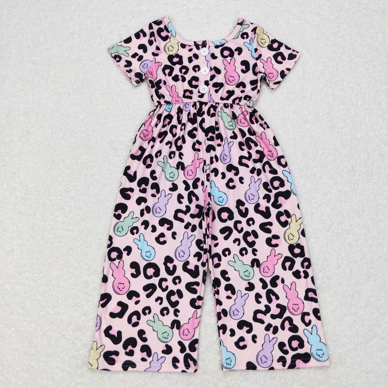 SR0481 Easter Rabbit purple leopard Girls Short Sleeve Jumpsuit Overall Pants