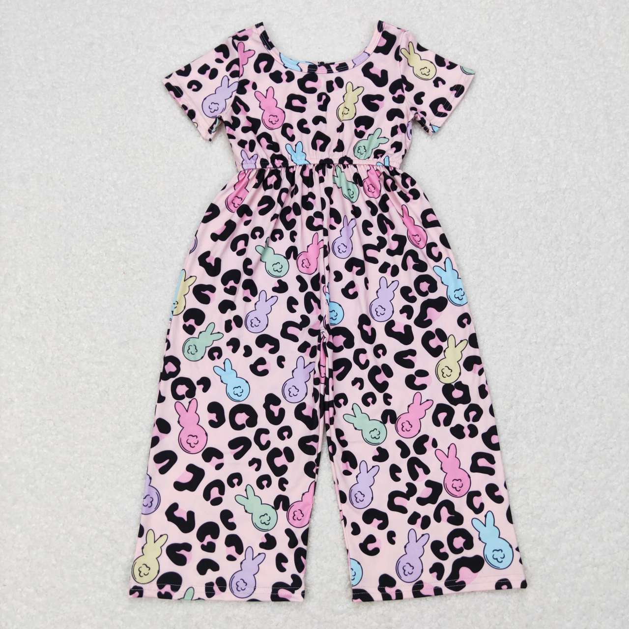 SR0481 Easter Rabbit purple leopard Girls Short Sleeve Jumpsuit Overall Pants