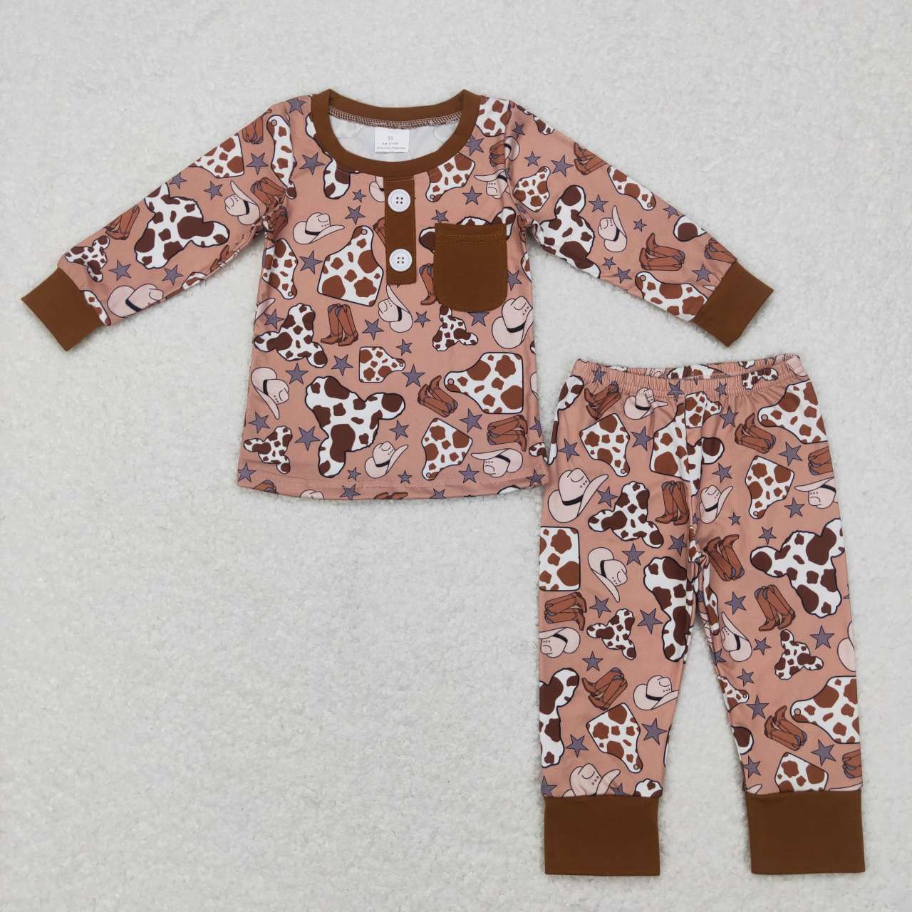 BLP0347 Brown cow print cowboy Girls Long Sleeve Pants Outfits Pajamas