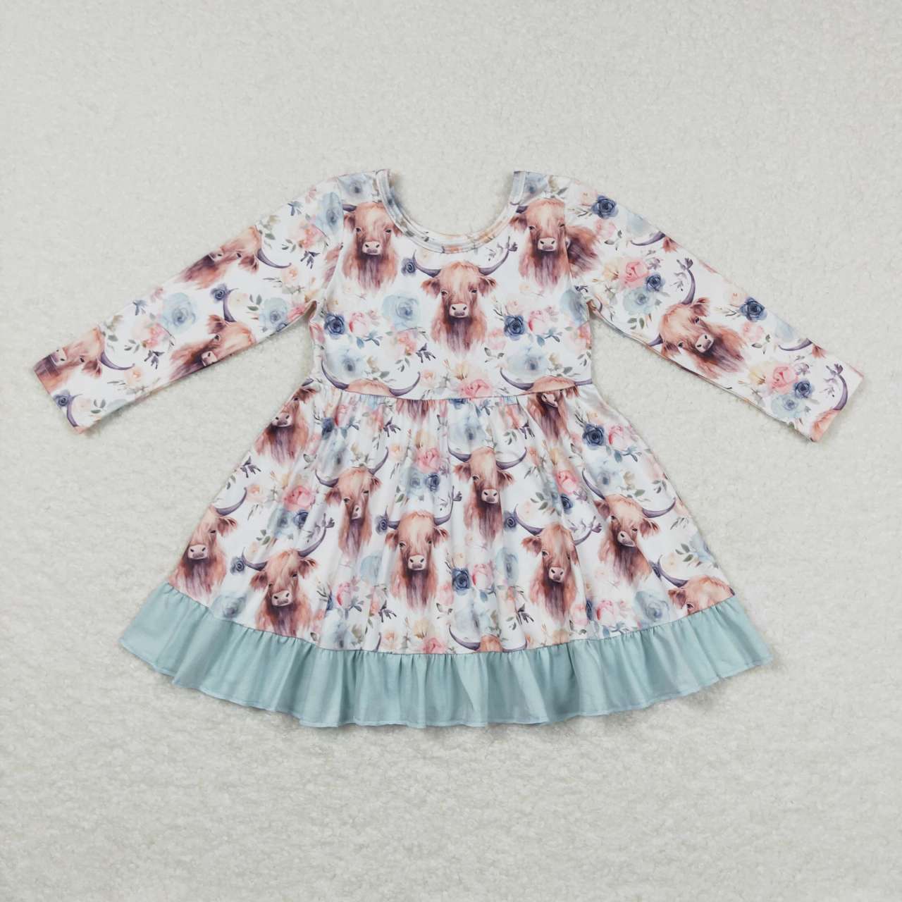 promotion RTS GLD0412 Pink Green Highland Cow Girls Long Sleeve Dresses