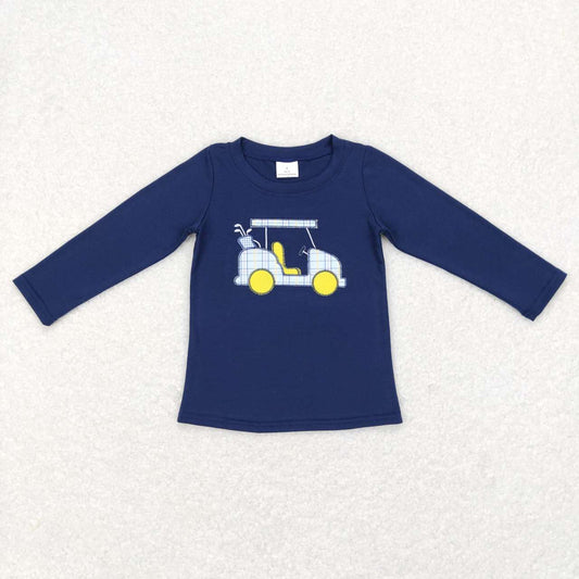 BT0388 Blue Golf Car Embroidery Girls Long Sleeve Top T-shirts