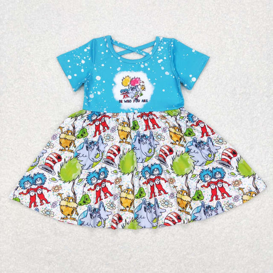 GSD0495 Blue Cartoon Hat Cat Dr Girls Short Sleeve Dresses
