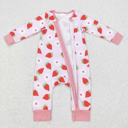 LR0795 Strawberry Pink Zipper Girls Long Sleeve Romper