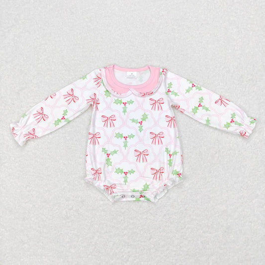 LR0577  Christmas Pink Girls Long Sleeve Romper RTS Free SHIPPING Over $100