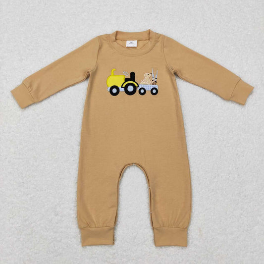 LR0729 Yellow hunt Dog Embroidery Boys Long Sleeve Romper