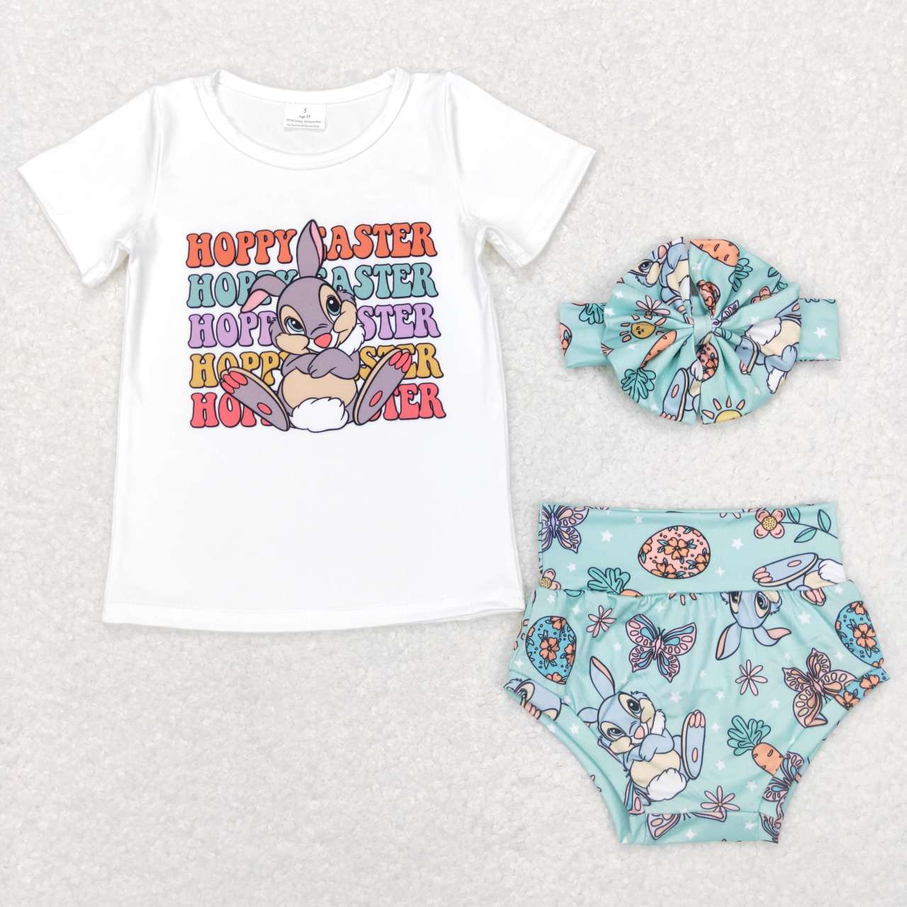 GBO0196 Easter Blue Rabbit With Bow 3pcs Girls Short Sleeve Bummies Outfits