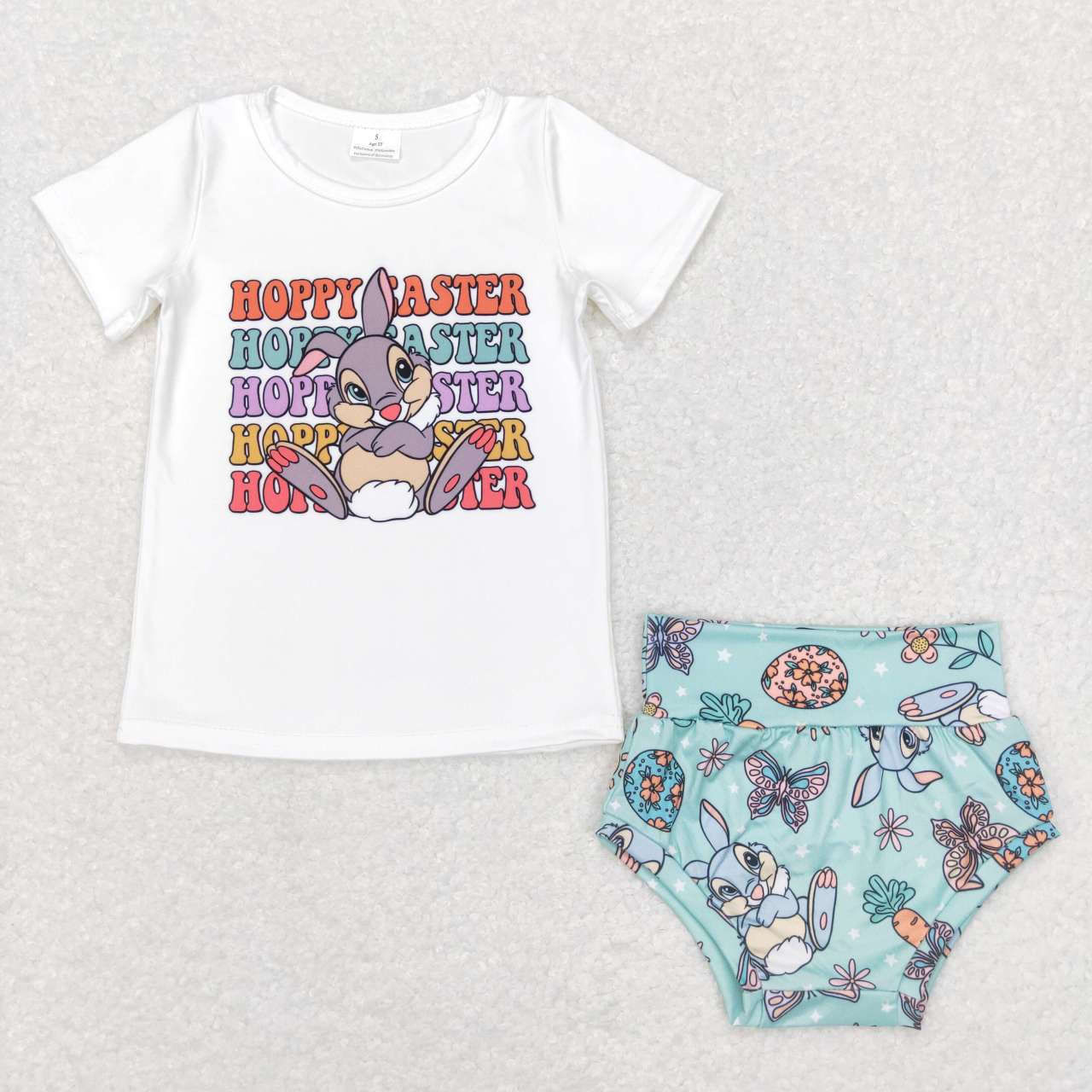 GBO0196 Easter Blue Rabbit With Bow 3pcs Girls Short Sleeve Bummies Outfits