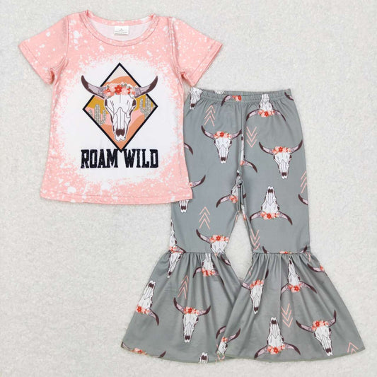 GSPO0914 Pink roam wild cow Girls Short Sleeve Bell Bottom Pants Outfits