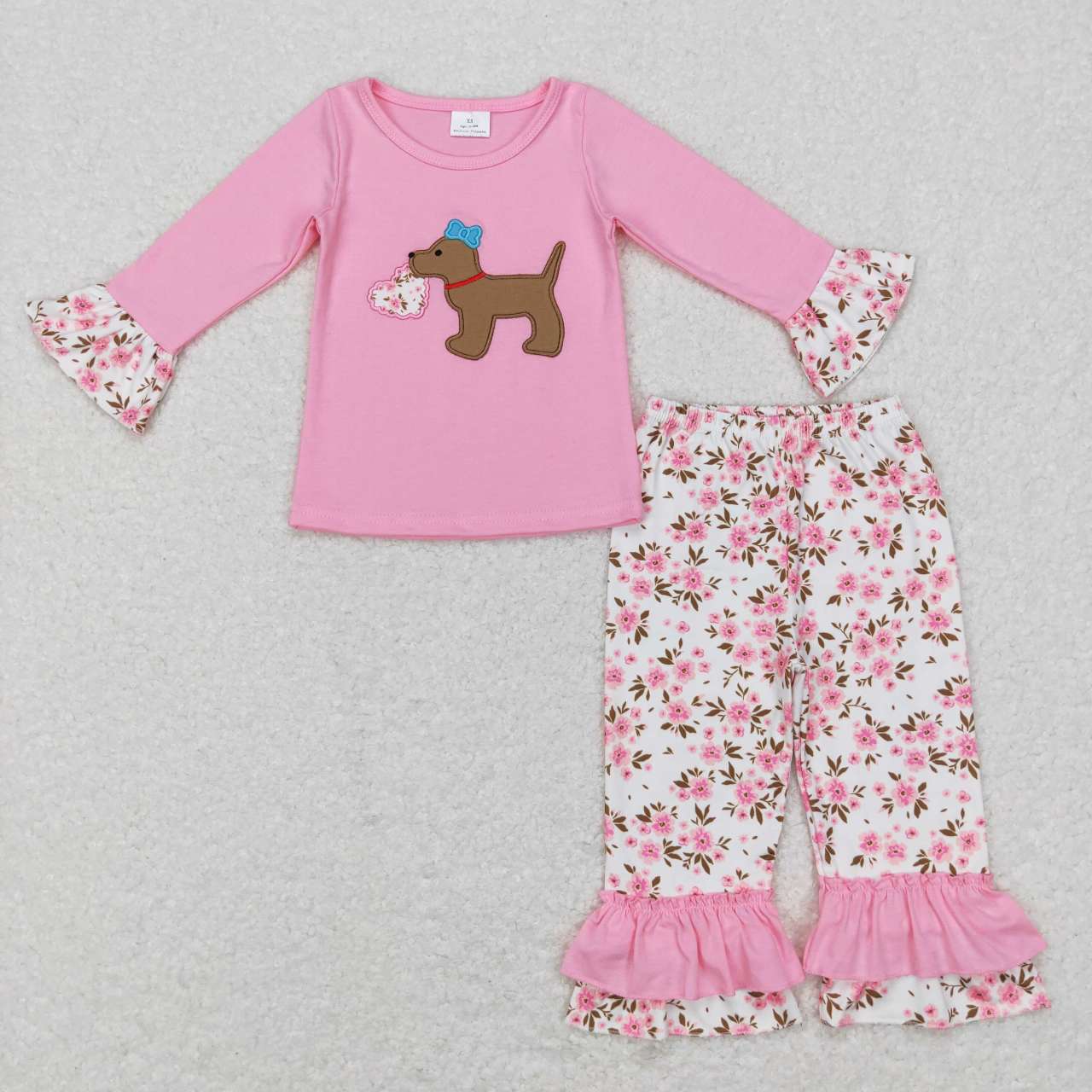 GLP0937 Valentine Love Pink Dog Floral Embroidery Girls Long Sleeve Pants Outfits