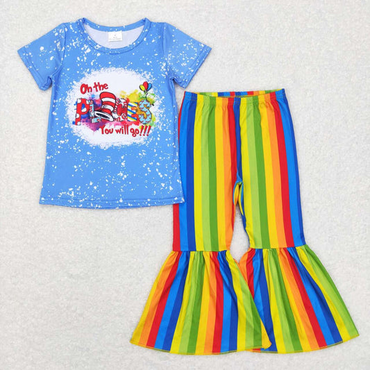 GSPO0924 blue cartoon hat cat you will go Girls Short Sleeve Bell Bottom Pants Outfits